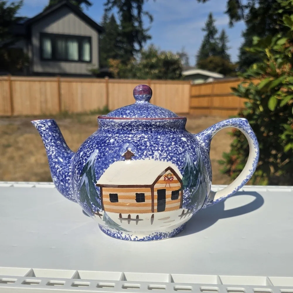 Vintage Tea Pot Large Thailand Country Winter Scene 7 in Tall 10 in  Wide